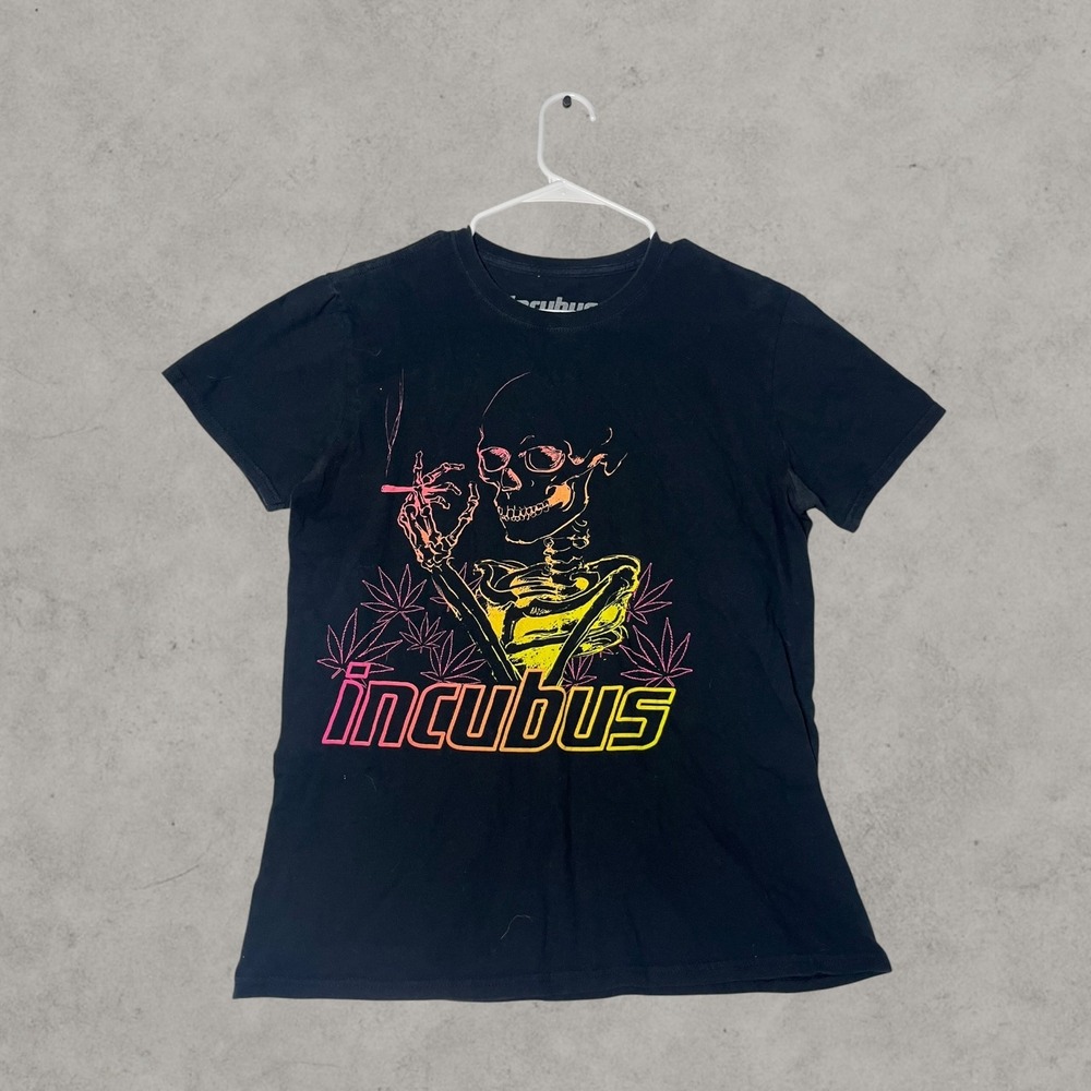 Incubus Band T-Shirt Mens Medium Black Skeleton Smoking Weed Neon Graphic Tee